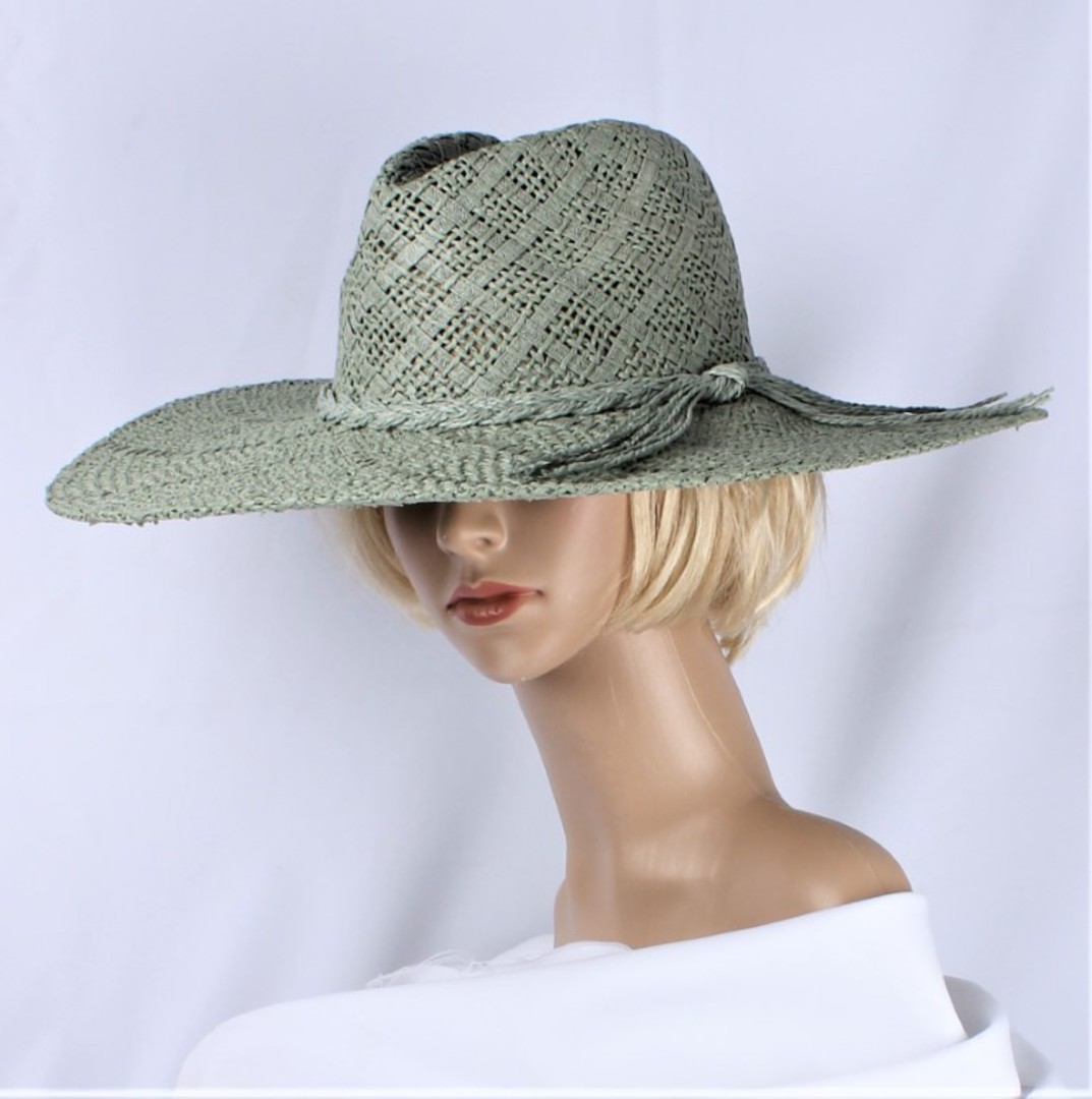 HEAD START  crocheted straw fedora w wide brim and band moss green Style:HS/5013 image 0